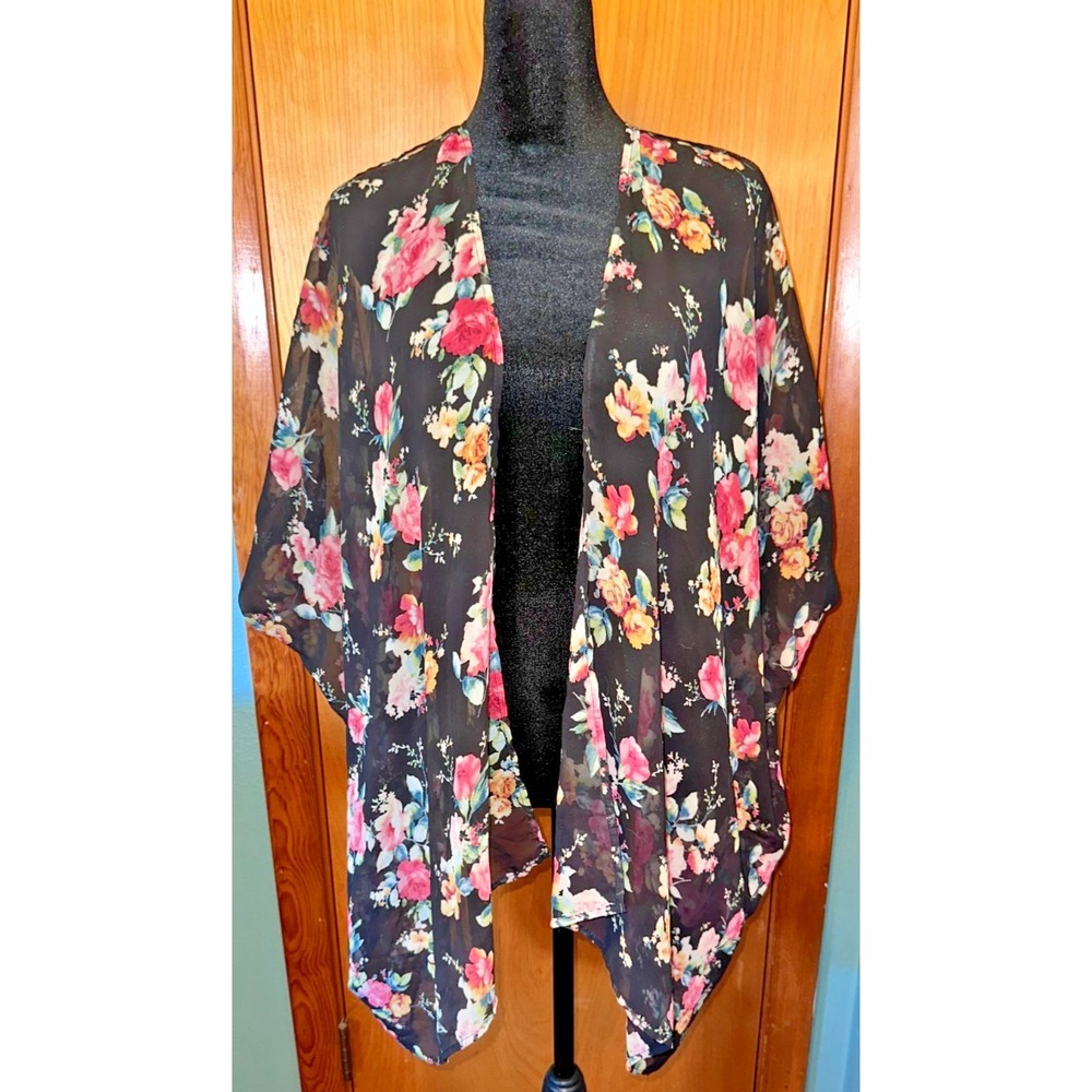 Ginger G Black Floral Chiffon Open Front Kimono Cardigan One‎ Size
